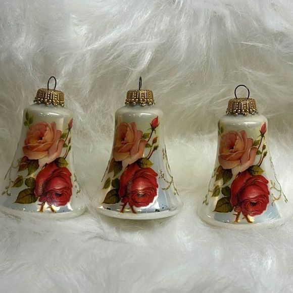 Vintage Krebs Christmas Glass Bell Ornament‎ Pearlescent Victorian Rose Set of 3 - Picture 1 of 5